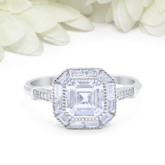 Asscher Cut Halo Art Deco 925 Silver Ladies Wedding Engagement Bridal Band Ring