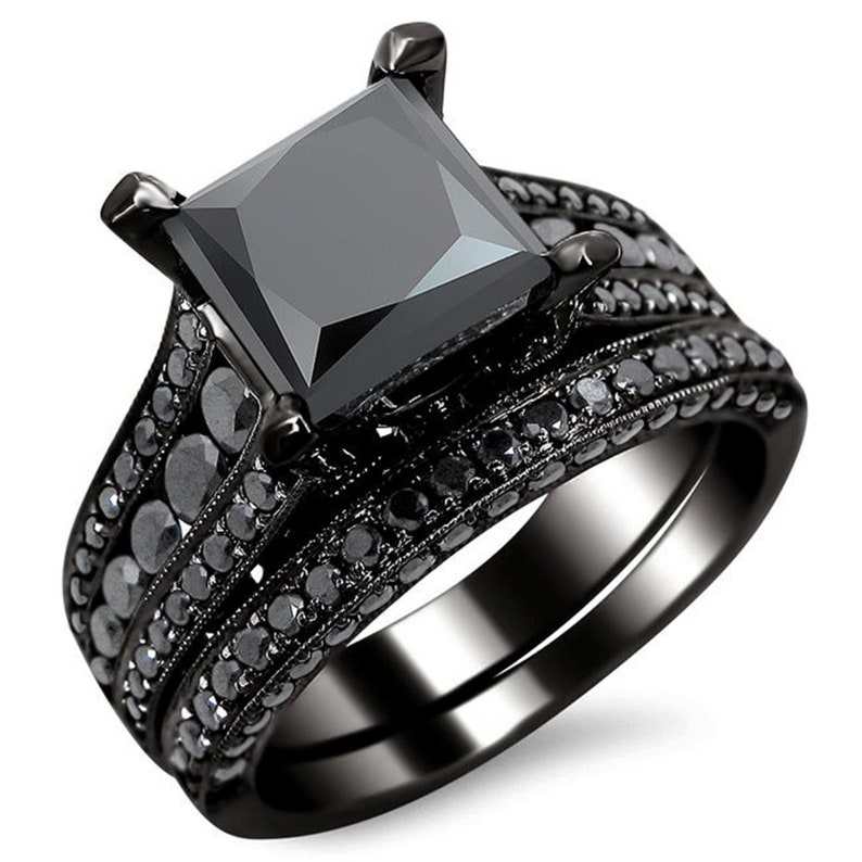 Marvelous Princess Cut 2.10 CT Black Moissanite Diamond 925 Sterling Silver Engagement and Wedding Ring With Black Rhodium Black Ring Set