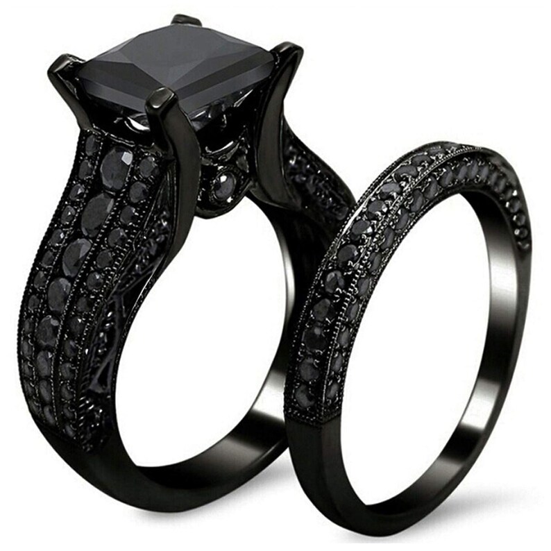 Marvelous Princess Cut 2.10 CT Black Moissanite Diamond 925 Sterling Silver Engagement and Wedding Ring With Black Rhodium Black Ring Set