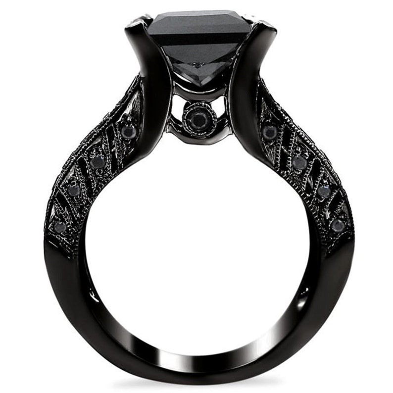Marvelous Princess Cut 2.10 CT Black Moissanite Diamond 925 Sterling Silver Engagement and Wedding Ring With Black Rhodium Black Ring Set