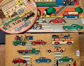 rompecabezas vintage - houten puzzel voor kinderen - hecho en Holanda - autobús - auto - vrachtwagen - verkeer - treinstation
