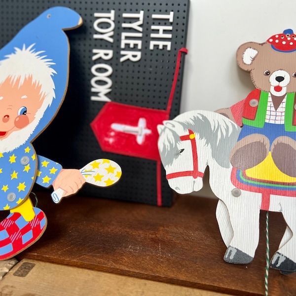 Vintage wooden Pull Toy figures - Bear & Horse and Gnome - Wall Hangers