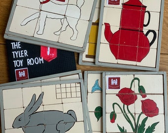 Vintage Franse Houten Puzzels - handgemaakt - dieren - bloemen - koffie - natuur