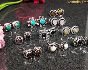 Silver Tone Gemstone Stud Earrings Set: Natural Birthstone Jewelry