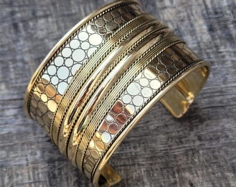 Wide Brass Cuff Bracelet, Adjustable Boho Gold Tone Bangle