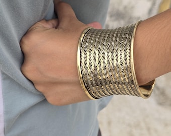 Wide Brass Chunky Cuff Bracelet - Gold Tone Ethnic Statement Jewelry