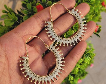 Gold Tone Tribal Hoop Earrings: Boho Chunky Brass Earrings, Statement Jewelry