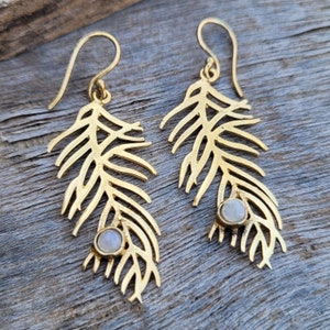 Gold Tone Leaf Earrings: Boho Brass Dangle with Moonstone - Statement Jewelry