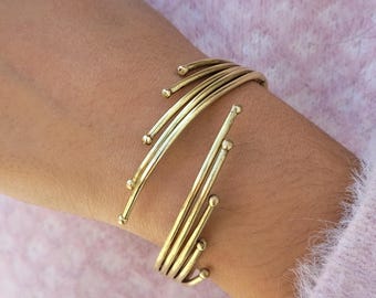 Statement Gold Tone Adjustable Cuff Bracelet, Stacking Bangle, Boho Brass Jewelry, Women Gift