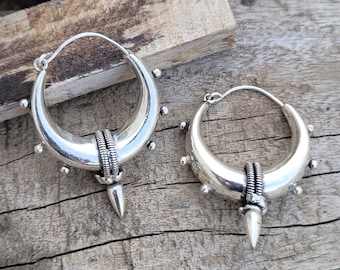 Tribal Silver Plated Hoop Earrings, Boho Ethnic Style, Festive Statement Jewelry For Women