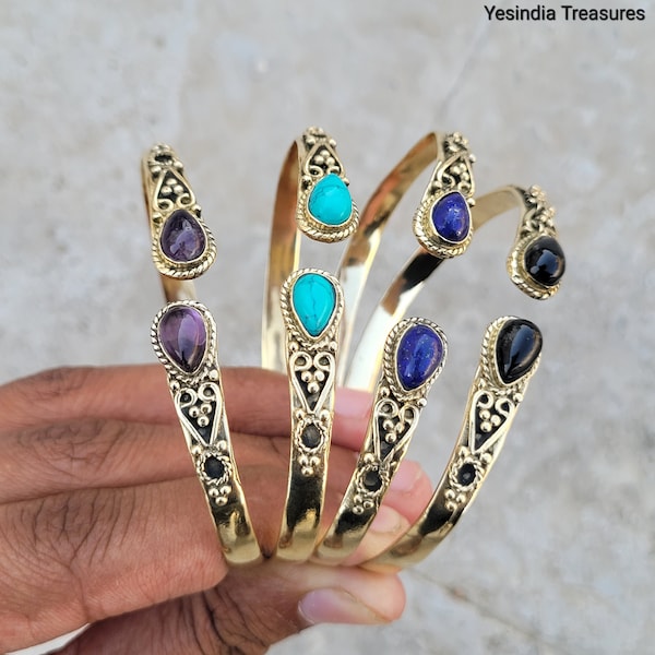 Boho Brass Bangle Bracelet with Amethyst, Turquoise, Onyx, and Lapis Lazuli Stones - Adjustable Summer Beach Jewelry - Hippie Festive