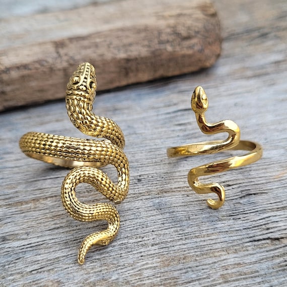 Brass Snake Ring Set, Adjustable Boho Serpent Rings, Gold Tone Statement Jewelry for Women