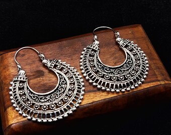 Large Silver Tone Hoop Earrings: Bohemian Tribal Brass Jewelry