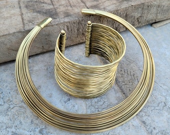 Gold Tone Layered Choker Bracelet Set, Brass Torque, Stacking Bracelet, Cuff Necklace, Boho Necklace, Perfect Gift For Her
