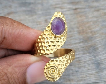 Adjustable Amethyst Brass Ring: Hammered Boho Spiral Ring
