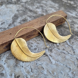 Golden Brass Leaf Hoop Earrings: Ethnic Tribal Jewelry
