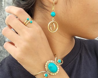 Turquoise Brass Jewelry Set | Boho Cuff, Dangle Earrings, Ring