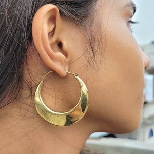 Large Gold Tone Hoop Earrings, Oversized Brass Hoops, Hammered Statement Jewelry For Women