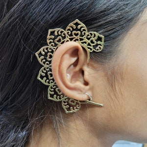 Boho Brass Ear Cuff, Flower Ear Wrap Cuff, No Piercing Ear Cuff, Tribal Boho Style, Perfect Gift For Her