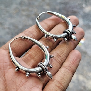 Large Silver Tone Ethnic Hoop Earrings, Big Boho Earrings, Tribal Earrings, Hoop Earrings,