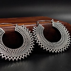 Boho Silver Tone Big Hoop Earrings, Tribal Bohemian Hoops, Ethnic Hoops, Perfect Gift For Her