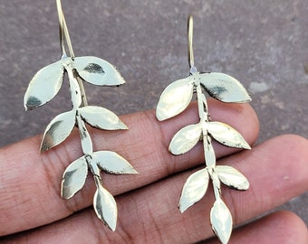 Long Brass Leaf Dangle Earrings: Statement Jewelry