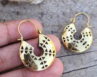 Brass Hoop Earrings: Boho Tribal Geometric Hoops - Dainty Small Earrings - Statement Jewelry Gift