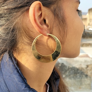 Large Brass Gold Hoop Earring, Big Boho Hoops, Hammered Huge Gold Earrings, Circle Hoop Earrings, Oversized Earrings, Halloween Gift