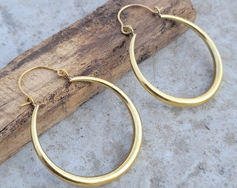 Large Gold Tone Brass Hoop Earrings -  Minimalist Modern Hoops - Simple Plain Earrings