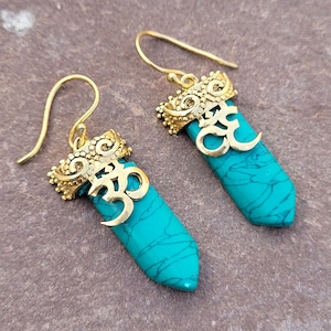 Turquoise Dangle Drop Earrings, Boho Brass Earrings, Blue Gemstone Earrings, Tribal Boho Earrings
