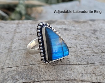 Labradorite Gemstone Adjustable Rings, Handmade Bohemian Jewelry, Blue Fire Stacking Rings, Unique Artisan Natural Stone Statement Rings