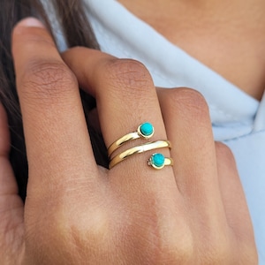 Handmade Turquoise Stone Brass Ring: Adjustable Gold Tone Statement Ring
