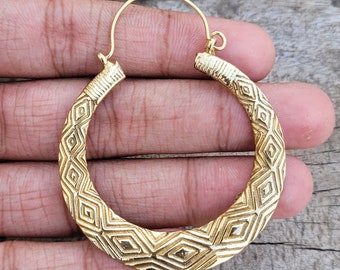 Large Gold Brass Boho Hoop Earrings: Tribal Ethnic Jewelry