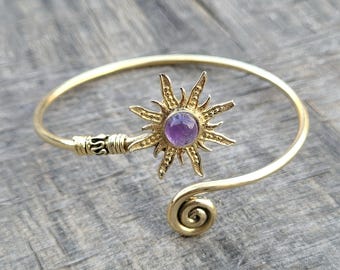 Bracelet manchette en laiton améthyste - jonc bohème réglable - cadeau bijou tendance doré