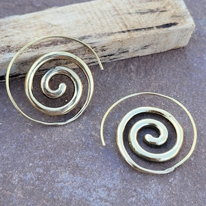 Spiral Brass Hoop Earrings: Tribal Boho Style