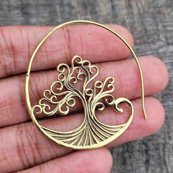 Brass Tree of Life Earrings, Boho Tribal Spiral Hoop Jewelry