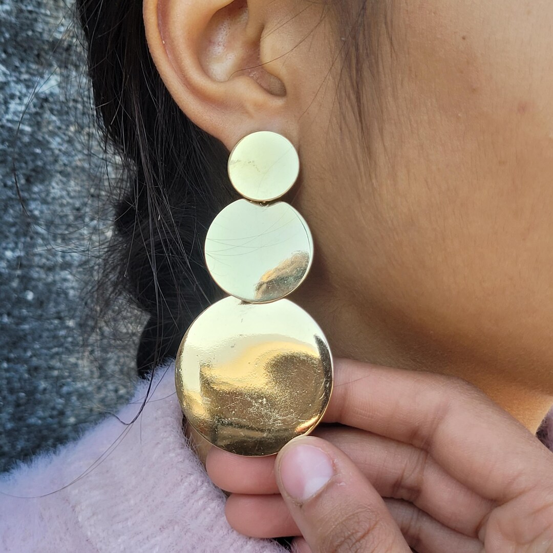 Statement Earring Types Statement Large Gold Tone Earring, Geometrical Brass Hoops, Long Boho ...