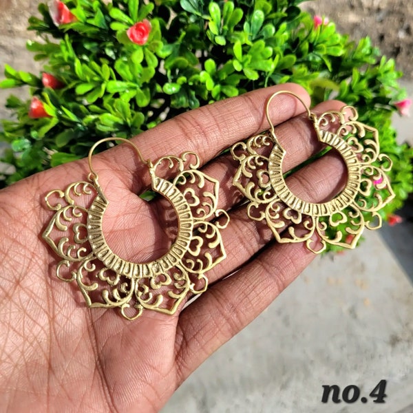 Gold Tone Mandala Hoop Earrings: Boho Tribal Style