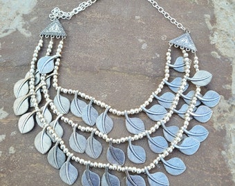 Oxidized Silver Leaf Choker Necklace | Ethnic Boho Bib, 20 inch