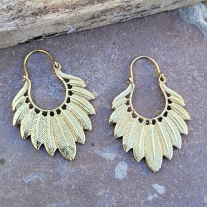Tribal Feather Design Hoop Earrings, Boho Brass Earring, Ethnic Earrings, Gift For Her