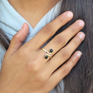 Black Onyx Brass Ring: Gold Tone Adjustable Double Stone Ring