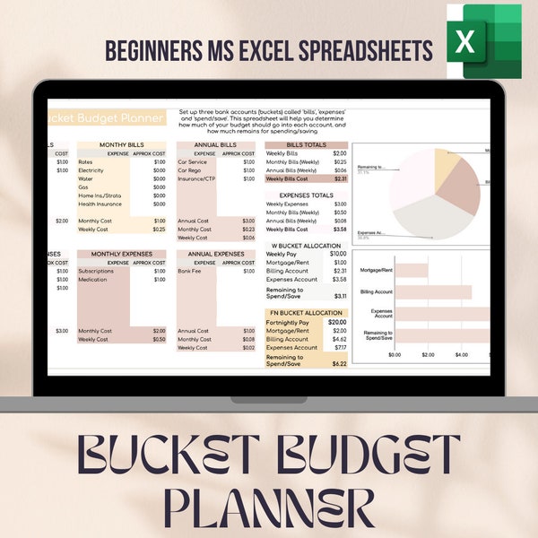 Savvy Sheets - Pink Mauve Bucket Budget Planner Spreadsheet - MS Excel