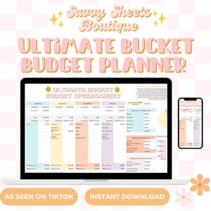 May include: A digital image on a laptop screen shows a colorful budget spreadsheet with the title "Ultimate Bucket Budget Spreadsheet". The image is surrounded by a pink and yellow checkered background with the text "Savvy Sheets Boutique" and "Ultimate Bucket Budget Planner" in a retro font.
