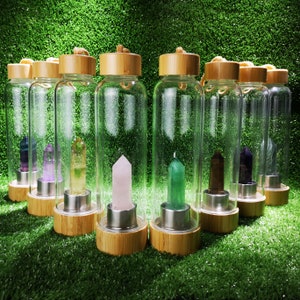 Botella de agua de vidrio Elixir, cristal Natural de Reiki, obelisco, torre, punto curativo