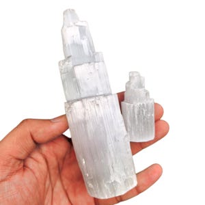 以下が含まれることがあります： 手で持たれた2つの白いセレナイトクリスタルの塔。1つは大きく、もう1つは小さい。クリスタルは層状の外観と半透明の品質を持ち、縞模様が見える。大きなクリスタルは約15cmの高さ。