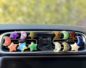 Crystal Car Vent Clips Crystal Star Moon Decoración de salida de coche, piezas de coche de cuarzo natural, cristal de coche, regalos de coche