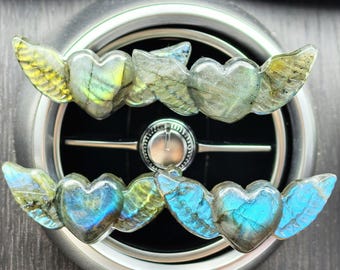 Car Accessory Vent Clips Carving Labradorite Crystal Heart Wing Car outlet decoration, quartz car parts, car crystal, car gifts