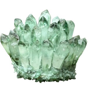 May include: A cluster of translucent, light green crystal formations. The crystals are pointed and clustered together, creating a spiky, textured appearance. The base of the cluster is a lighter shade of green.