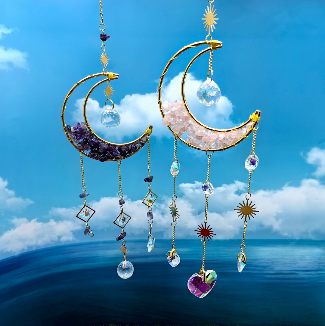 Crystal Stone Chip Moon Suncatcher for Window Hanging Wall Decor Room ...