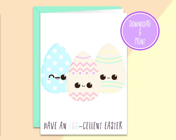 Kawaii Easter Eggs Printable Easter Card "Egg-Cellent Easter" | Eggs Easter Card | Kawaii Easter Card | Kawaii Printable Card Il_570xn